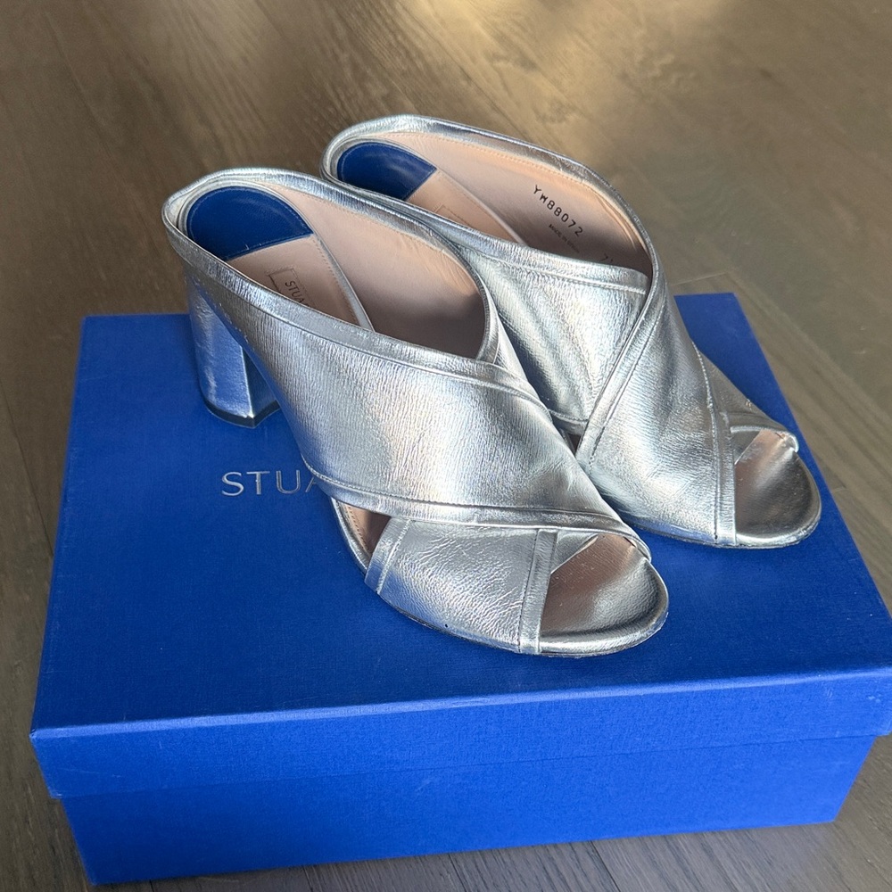 EUC Stuart Weitzman Silver Women's Heeled Sandals, sz 7.5
